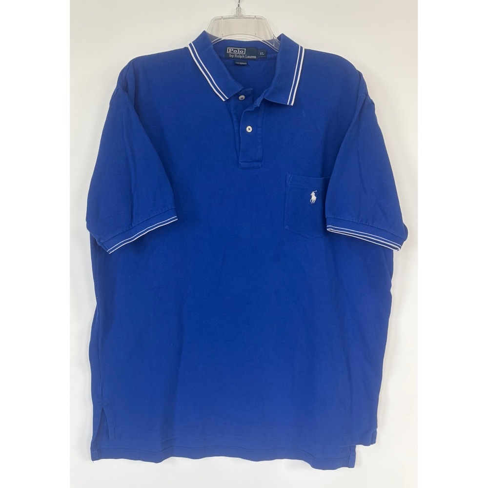 Polo Ralph Lauren Mens XL Blue Tipped Pique Polo Shirt Short Sleeve Pocket Pony